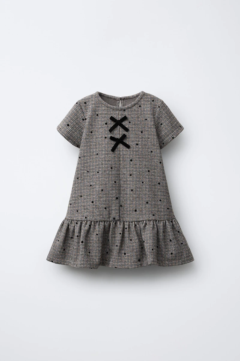 HOUNDSTOOTH FLOCKED POLKA DOT BOW DRESS