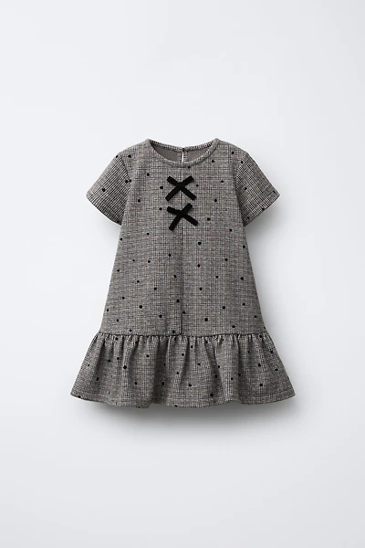 HOUNDSTOOTH FLOCKED POLKA DOT BOW DRESS