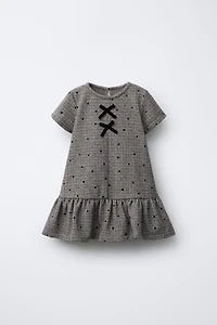 HOUNDSTOOTH FLOCKED POLKA DOT BOW DRESS