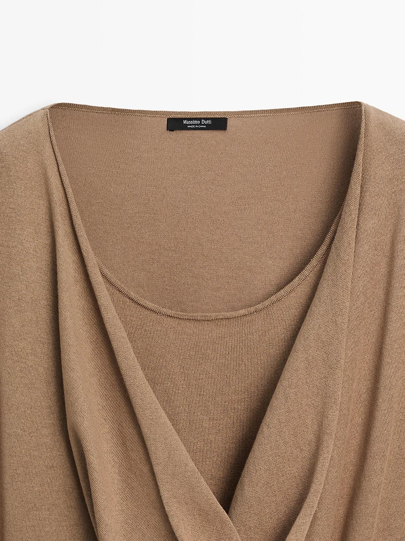 Cotton blend knit sweater with cowl neck