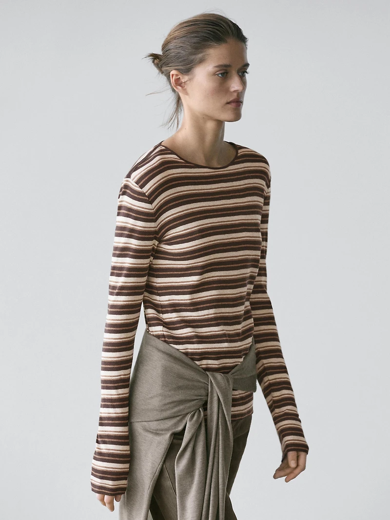 Cotton blend striped long sleeve T-shirt