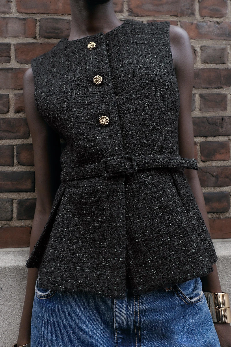 METALLIC THREAD BELTED TEXTURED VEST