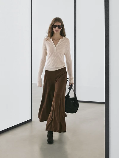 Pull laine en maille ajourée à col tunisien