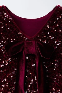 SEQUIN VELVET BOW DRESS