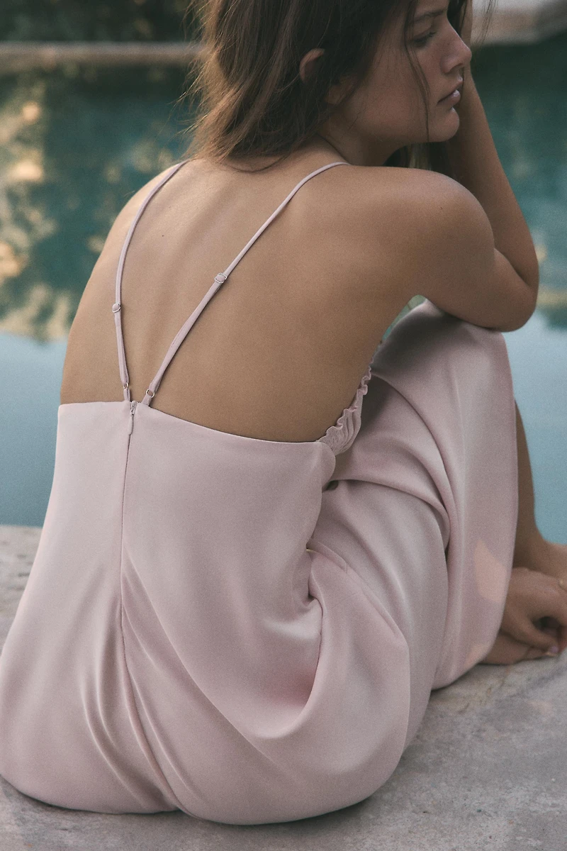 GATHERED SATIN EFFECT MIDI DRESS