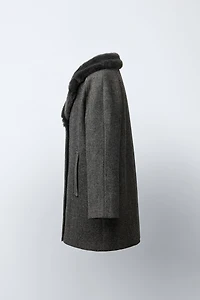 HERRINGBONE WOOL BLEND COAT WITH FAUX FUR COLLAR