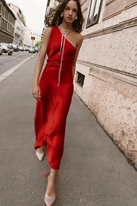 ASYMMETRIC SATIN MIDI DRESS