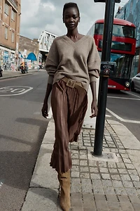BELTED FAUX SUEDE EFFECT PLEATED MIDI SKIRT