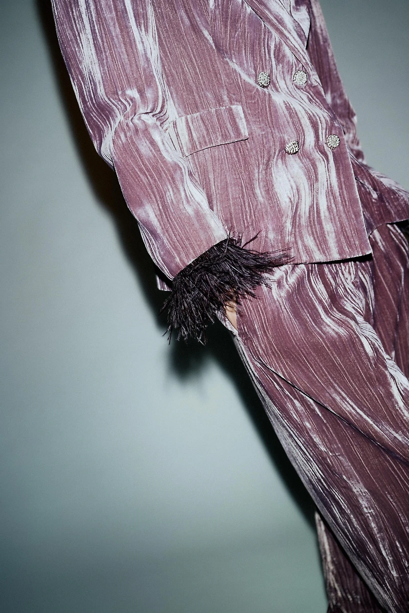 DOUBLE BREASTED VELVET BLAZER WITH FEATHERS