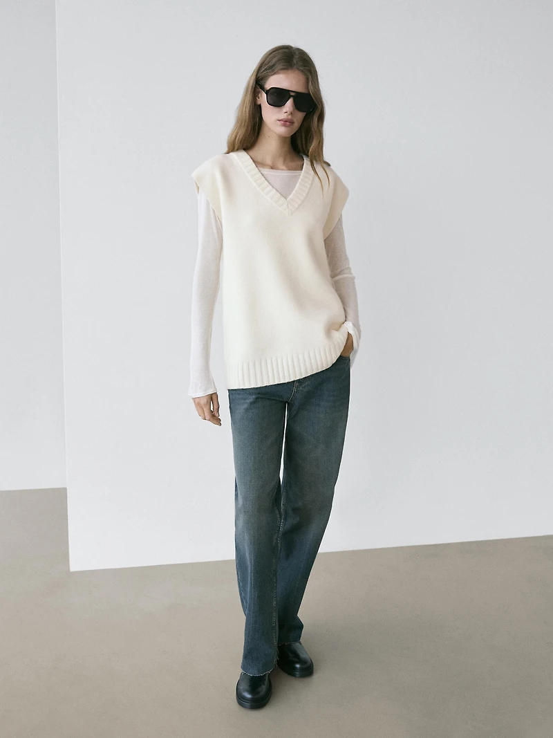 Gilet long en maille 100 % laine