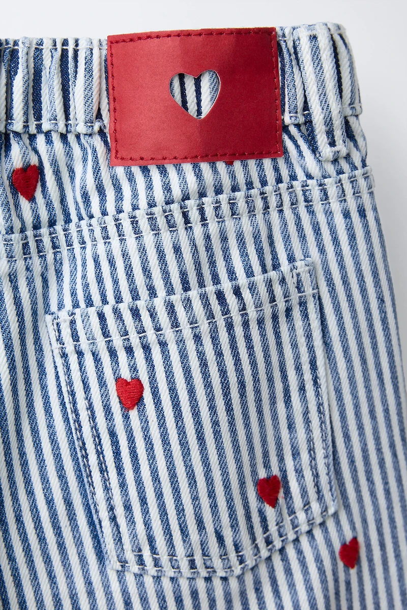 EMBROIDERED STRIPES AND HEARTS CULOTTE JEANS