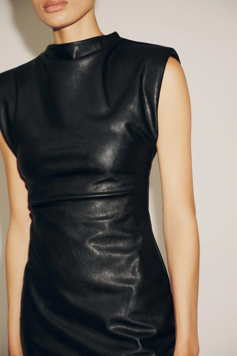 FAUX LEATHER SHORT DRESS WITH SHOULDER PADS