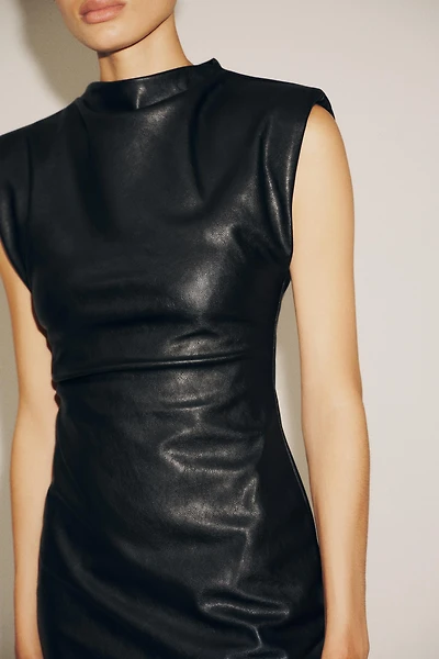 FAUX LEATHER SHORT DRESS WITH SHOULDER PADS