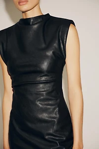 FAUX LEATHER SHORT DRESS WITH SHOULDER PADS