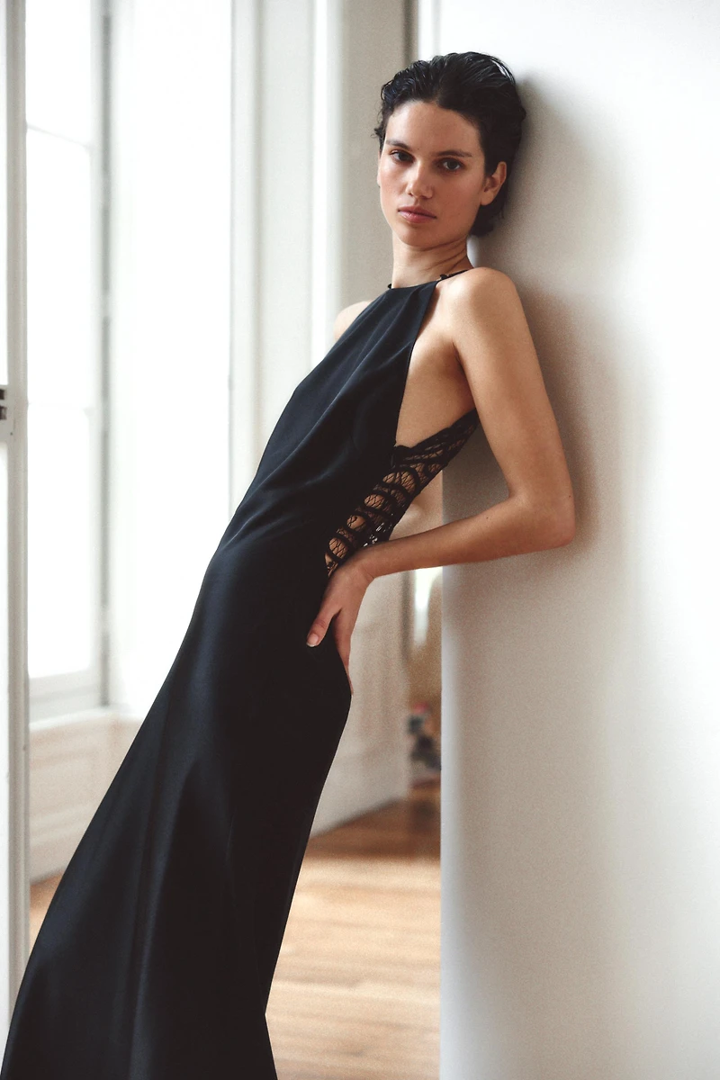 EMBROIDERED BACK SATIN HALTER DRESS