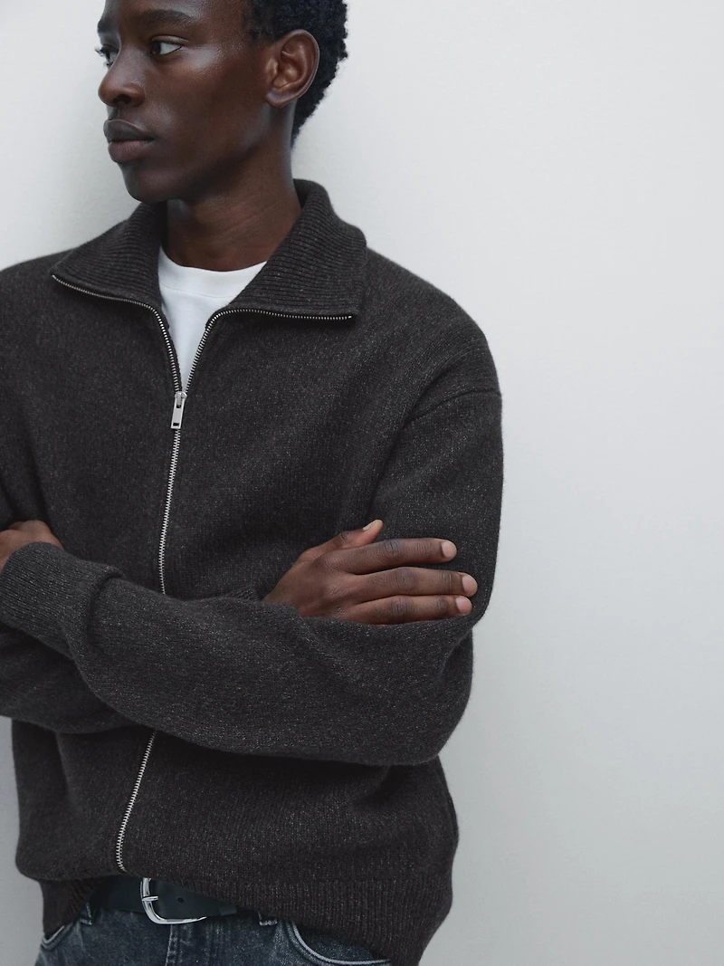 Wool blend high neck knit cardigan