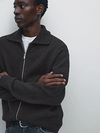 Wool blend high neck knit cardigan