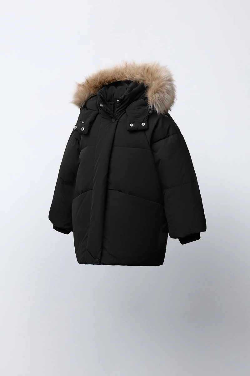 WATER REPELLENT DOWN PUFFER COAT WITH REMOVABLE FAUX FUR HOODIE