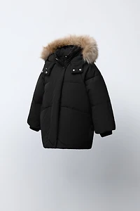 WATER REPELLENT DOWN PUFFER COAT WITH REMOVABLE FAUX FUR HOODIE