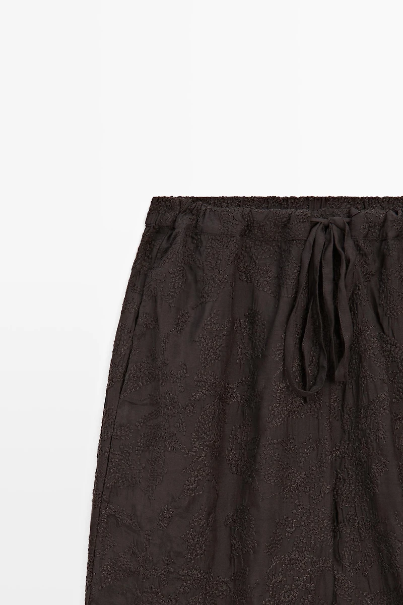 Embroidered flowing barrel fit trousers
