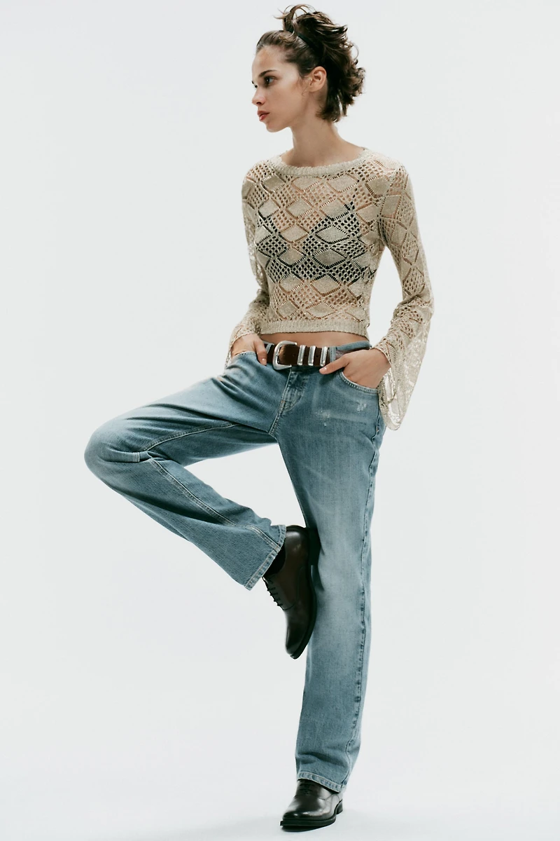 POINTELLE KNIT BELL SLEEVE SWEATER