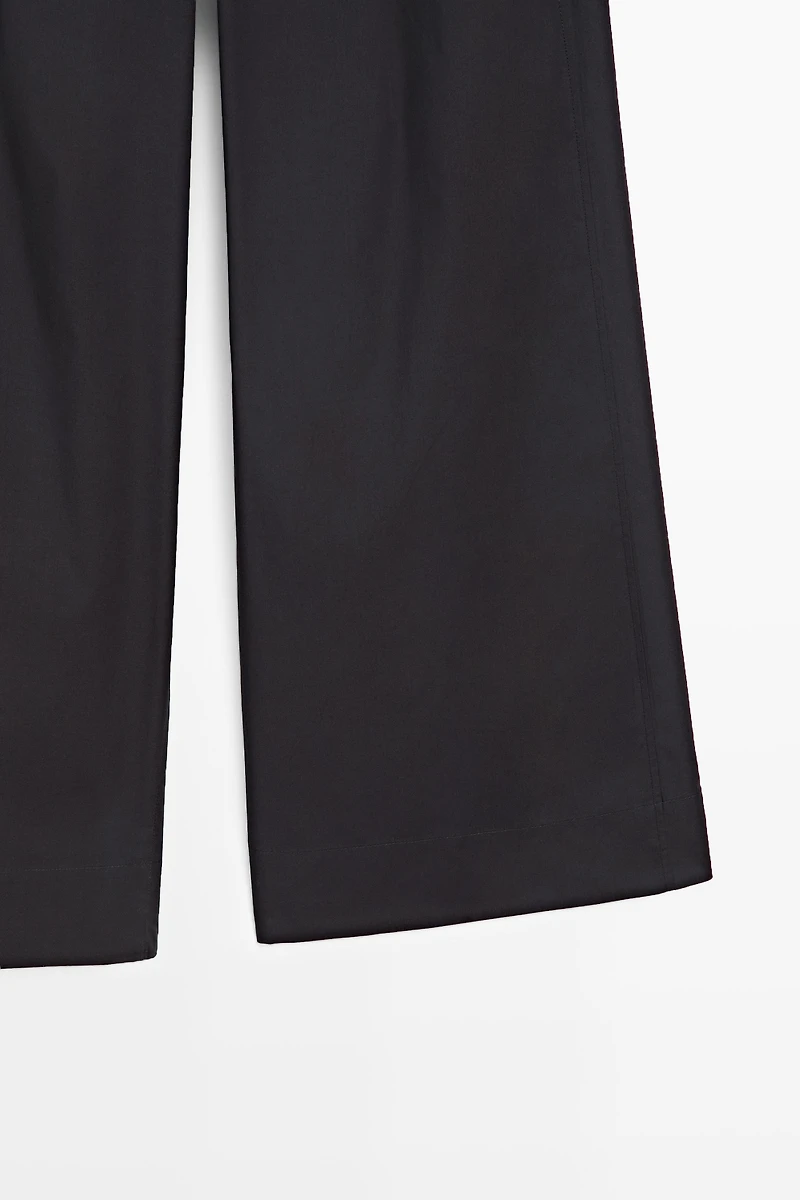 Cotton blend wide-leg pleated trousers
