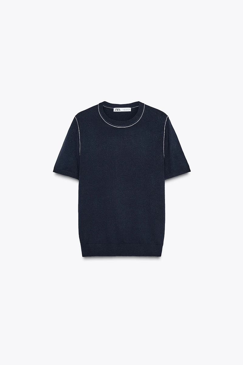 TRIMMED SHORT SLEEVE KNIT TOP