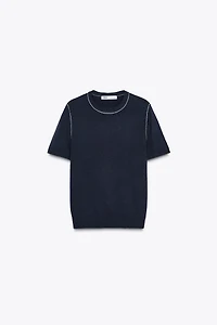 TRIMMED SHORT SLEEVE KNIT TOP