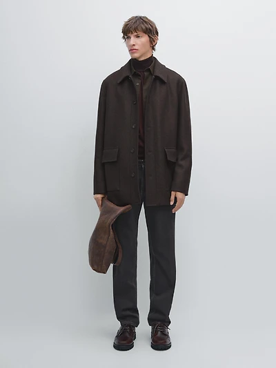 Mid-length herringbone wool blend coat