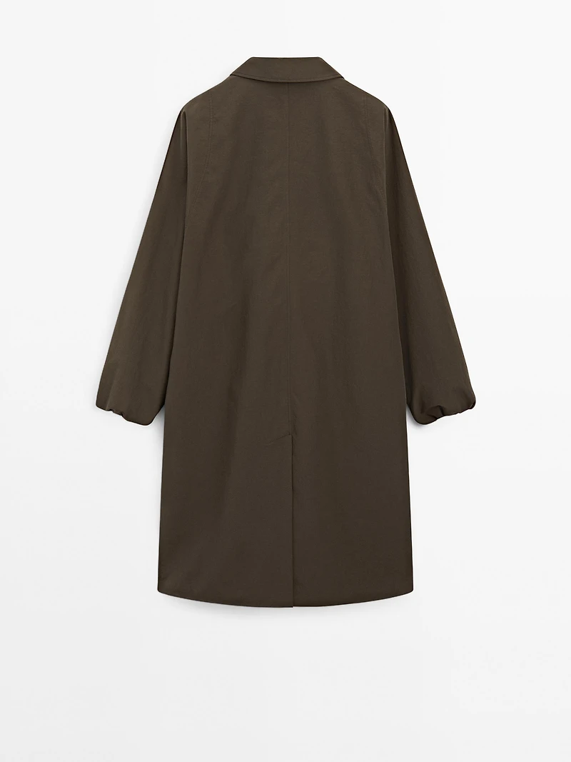 Water-repellent technical fabric trench coat with button detail