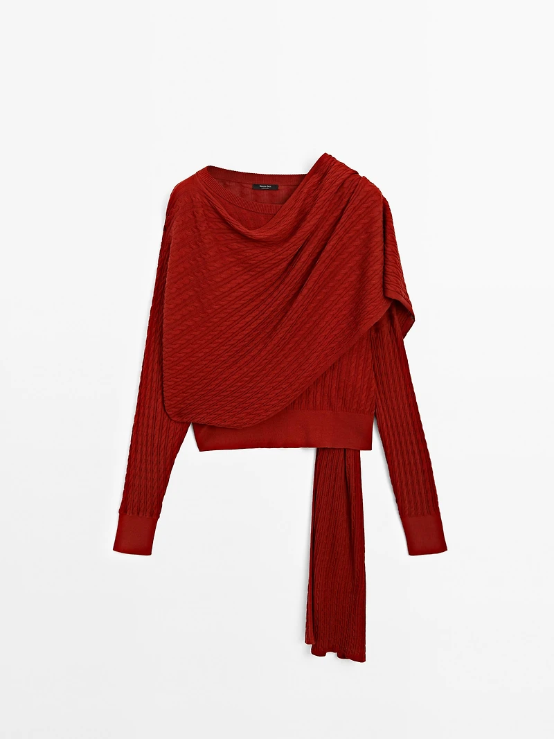 Cable-knit sweater with scarf detail