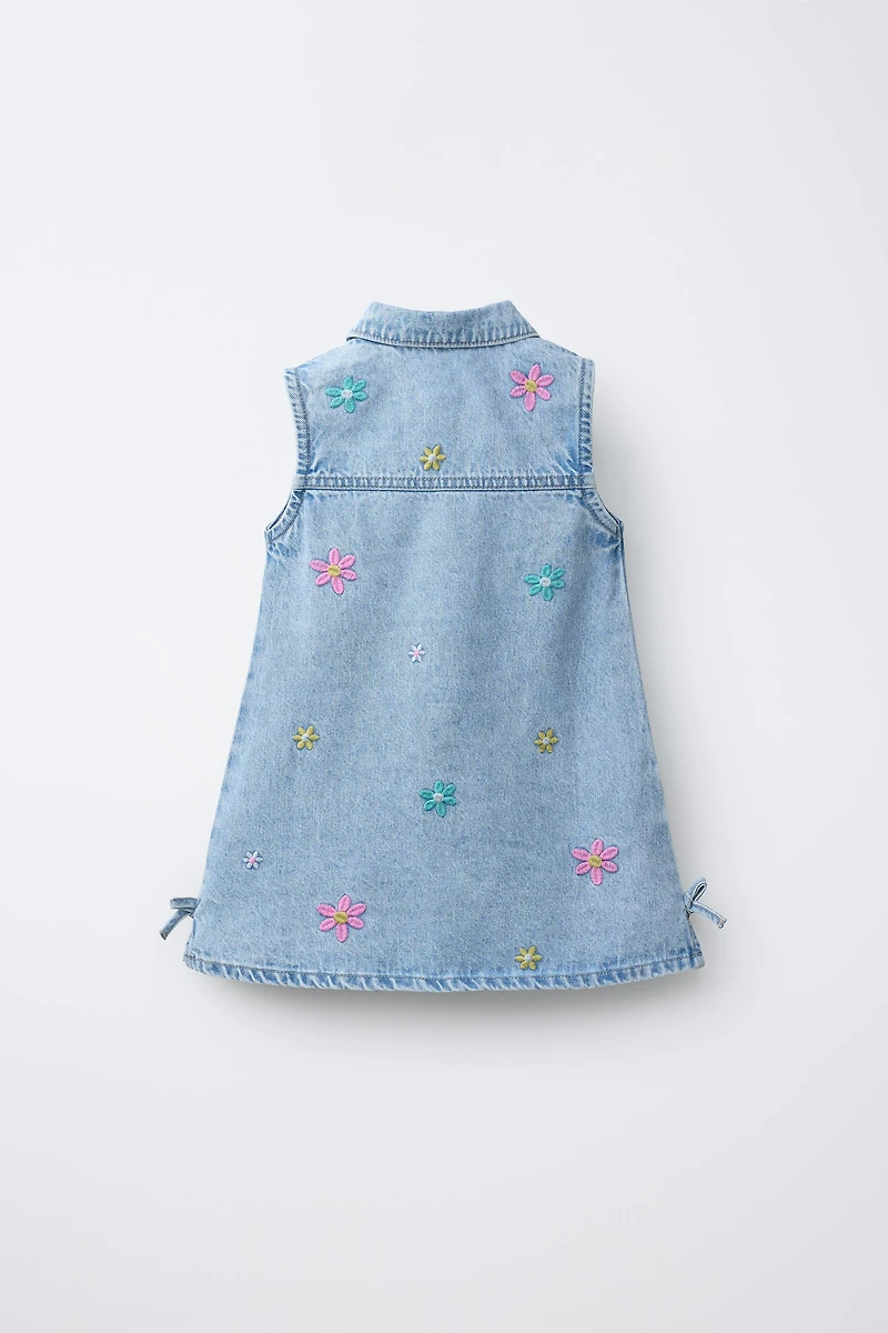 EMBROIDERED FLORAL DENIM DRESS