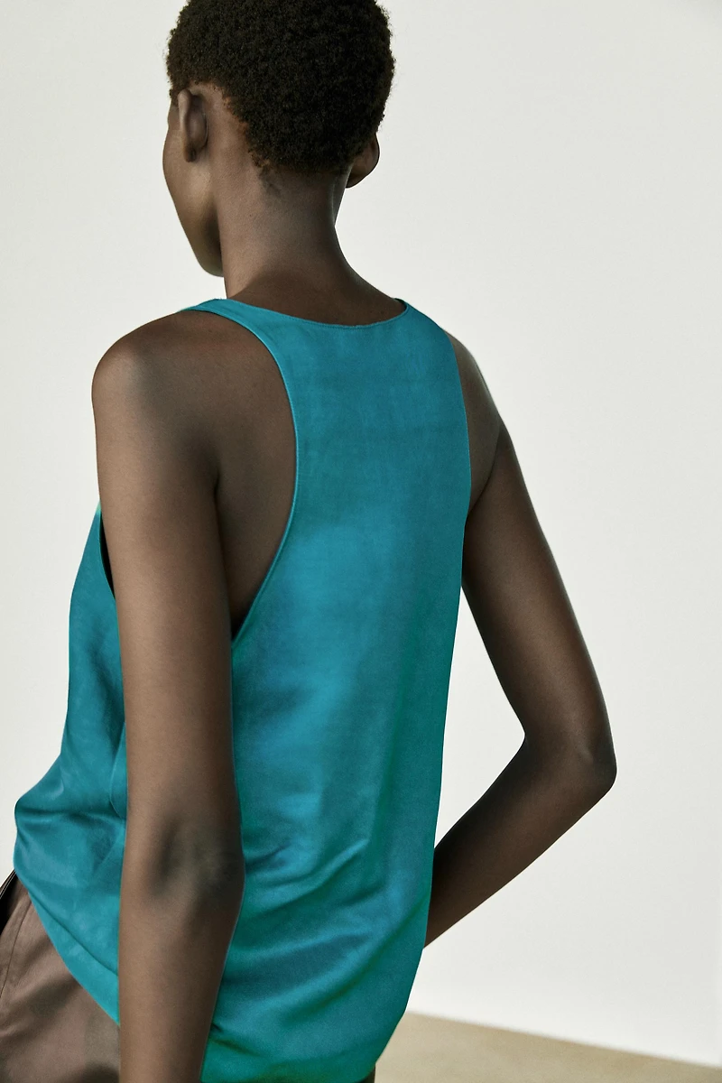 Satin linen blend V-neck top