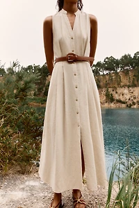 BELTED LINEN MIDI DRESS
