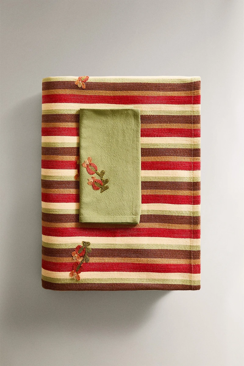 STRIPED AND FLORAL EMBROIDERY TABLECLOTH