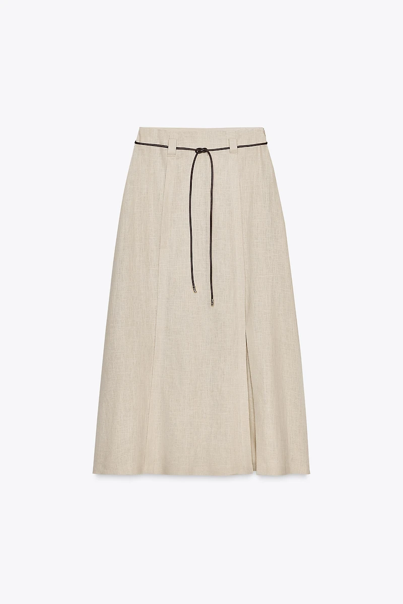 LINEN BELTED MIDI SKIRT
