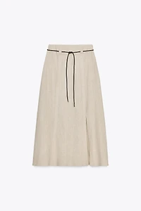 LINEN BELTED MIDI SKIRT