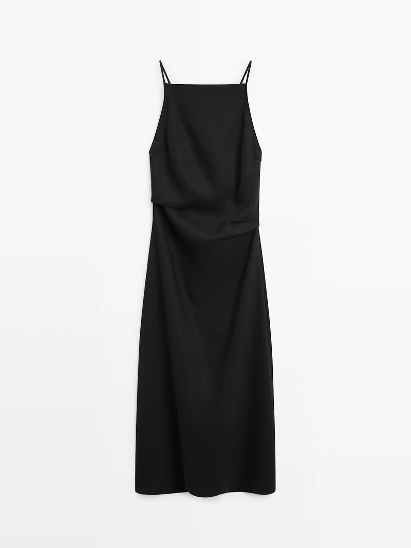 Linen blend pleated midi dress