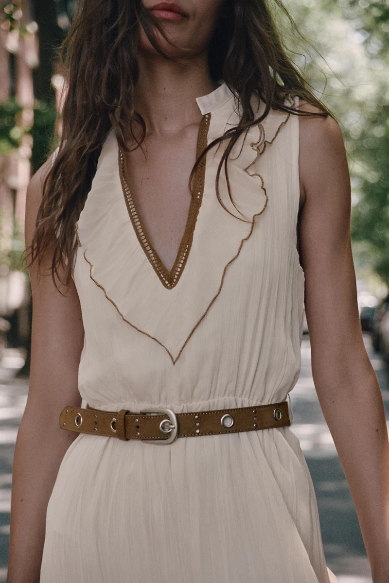 BELTED RUFFLED MIDI DRESS