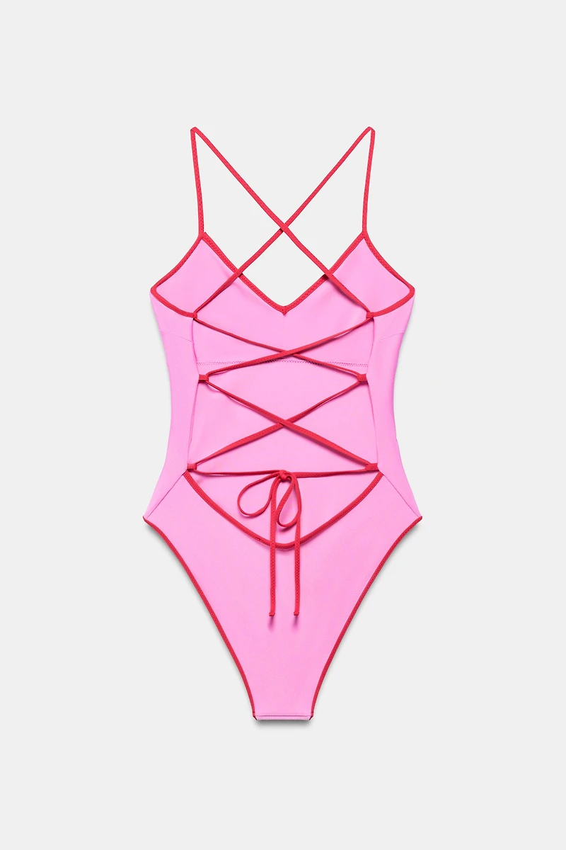 SOLID SWIMSUIT WITH CONTRASTING STRAPS