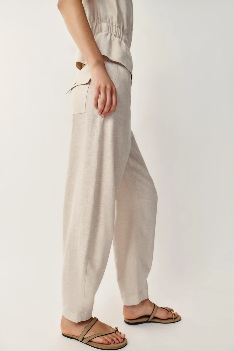 LINEN BLEND BARREL PANTS
