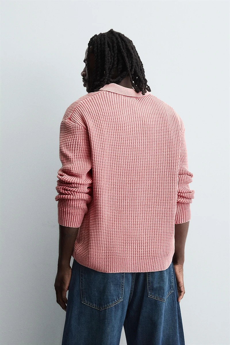 WASHED WAFFLE TEXTURE KNIT POLO SHIRT