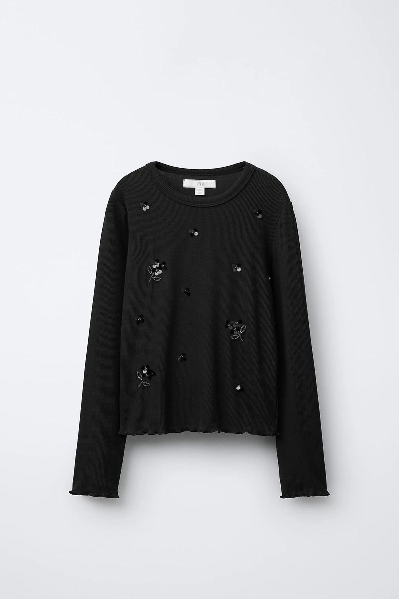 SEQUINED RIBBED T-SHIRT