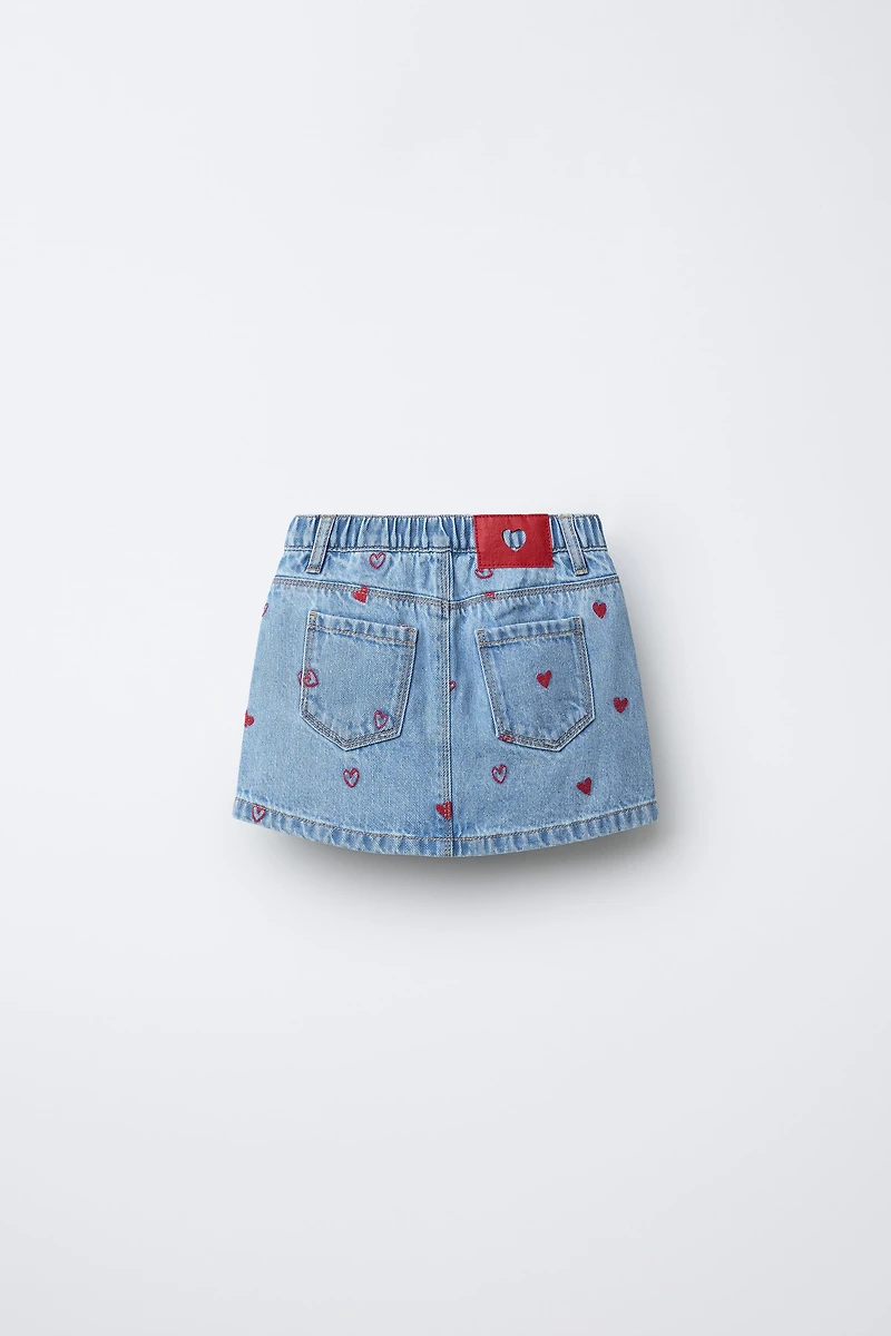 EMBROIDERED HEARTS DENIM SKIRT