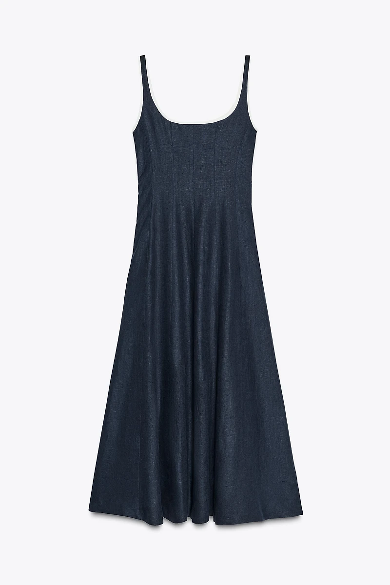 CONTRAST PIPING LINEN MIDI DRESS