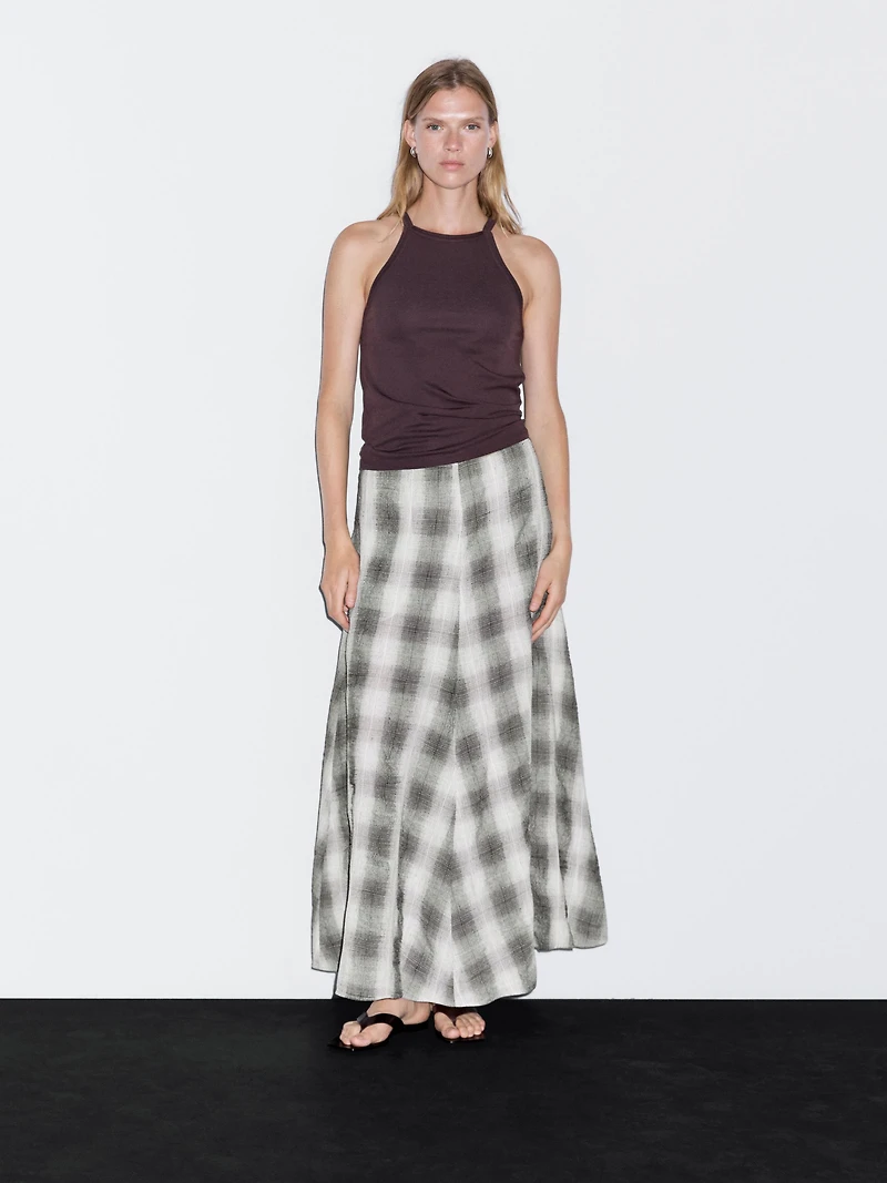 Long flared check skirt