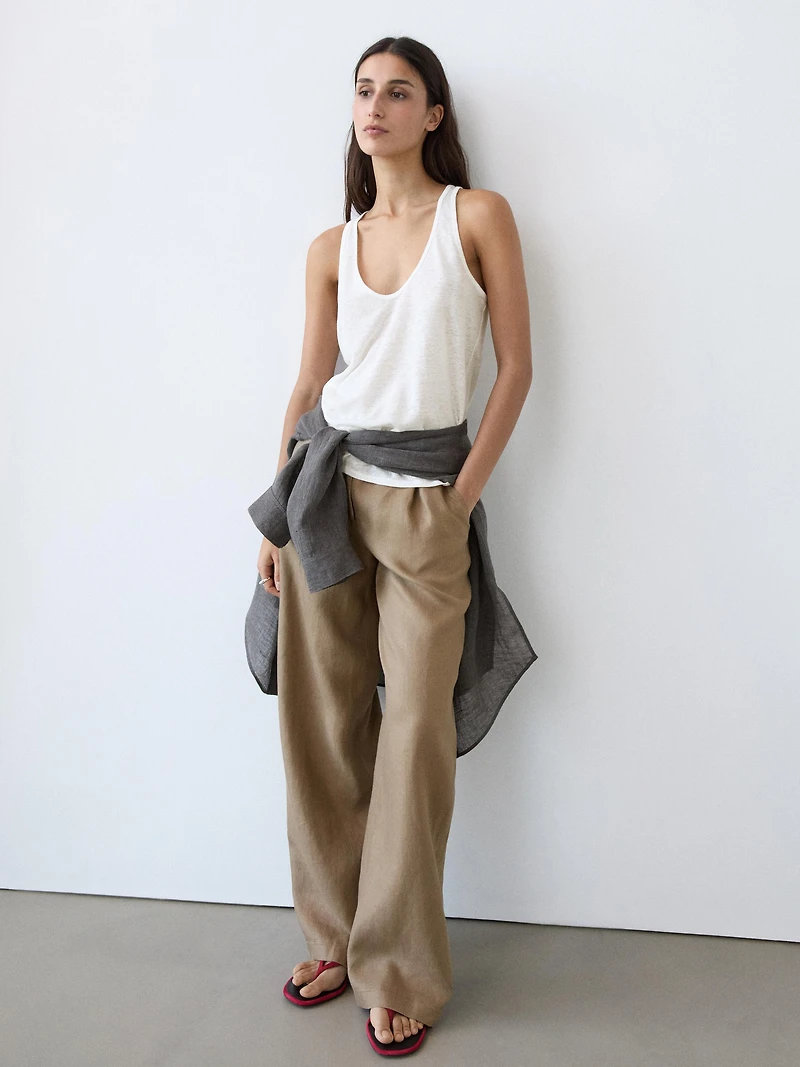 100% linen wide-leg elasticated trousers