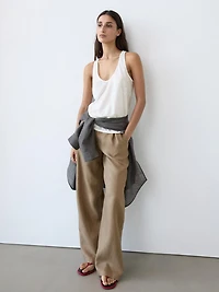 100% linen wide-leg elasticated trousers