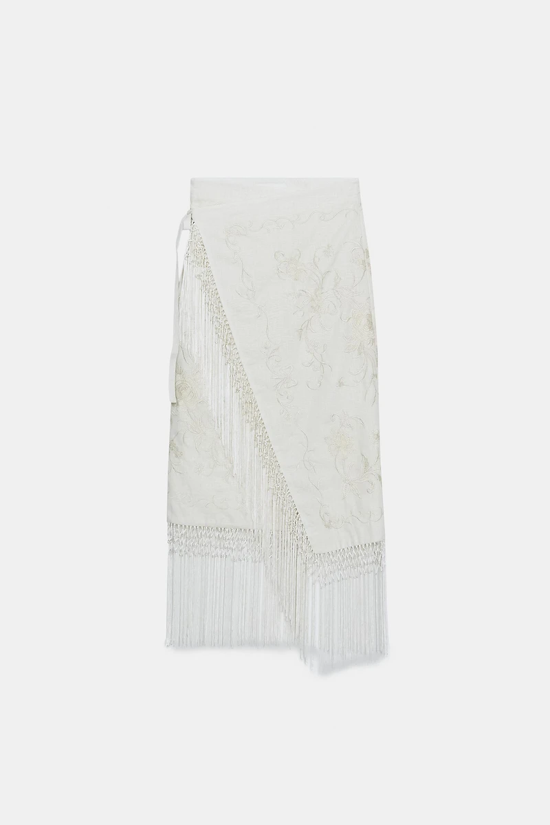 ZW COLLECTION 100% LINEN EMBROIDERED MIDI SKIRT