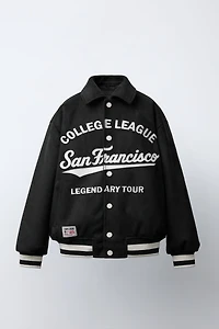 EMBROIDERED TEXT FAUX SUEDE BOMBER JACKET